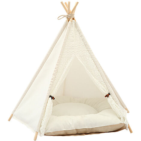 Tente pour Chien ou Chat Maison pour Chien et Chat avec Coussin Amovible Niche à Chien Lit de Chien (40x40x50cm, Dentelle Blanche) Carivent