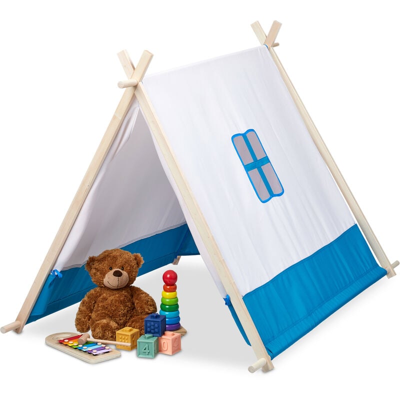 Tente pour enfants, avec fenêtre et porte, h x l x p : 92 x 86 x 120 cm, intérieur et extérieur, blanc et bleu - Relaxdays
