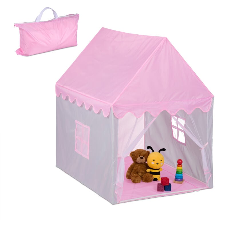 Relaxdays - Tente pour enfants, avec grande entrée, h x l x p : 130 x 95 x 125 cm, grande entrée, rose et gris