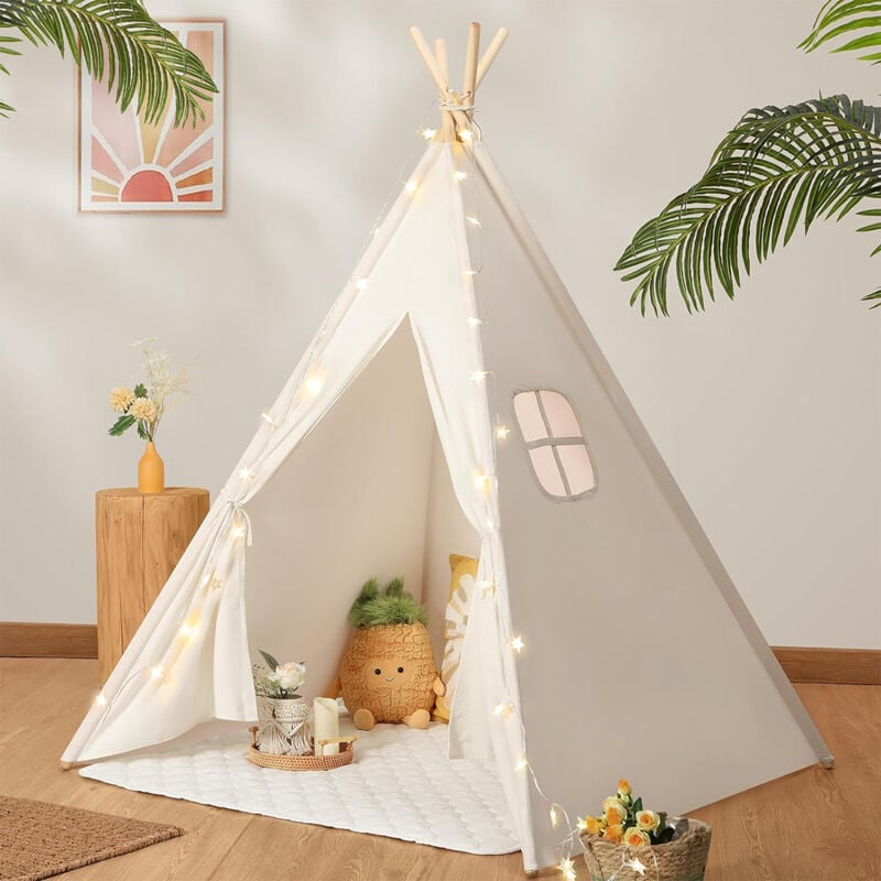 Tente pour Enfants avec Guirlande,Tente de Jeu en Toile de Coton Beige,Grande Tente Pliante pour Bebe, Maison Petit Jouets Cadeau