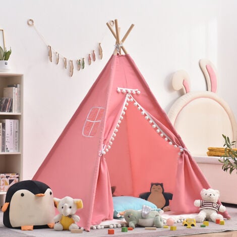 Tente pour Enfants avec Guirlande,Tente de Jeu en Toile de Coton Rose,Grande Tente Pliante pour Bebe, Maison Petit Jouets Cadeau avec Dentelle de Pompons