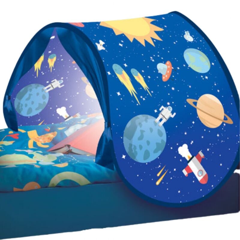 Tente SLEEP FUN - VENTEO - Tente de lit enfant - Modèle bleu planètes en fêtes - Accessoire chambre pour enfant - Lampe intégrée
