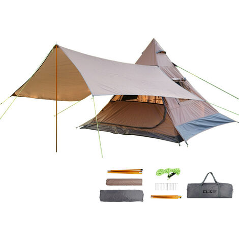 Tente tipi de camping avec auvent pour 3-4 personnes Tente extérieure anti-UV étanche pour barbecue de fête de famille (café)