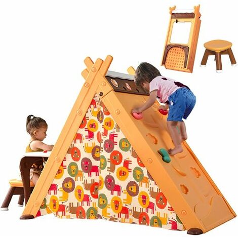 Tente tipi enfant pliable multifonctionnelle 4 en 1 pour enfants avec mur d'escalade & accessoires de jeux, portique, Tabouret et tableau noir, Couleur blanc
