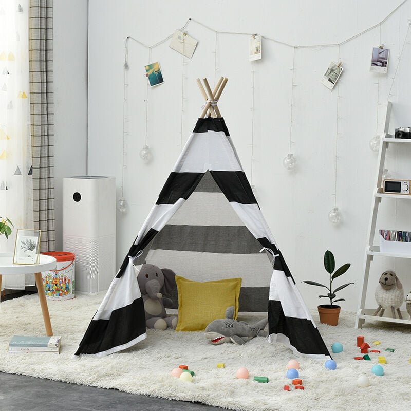 Tente tipi pliable pour enfants - Tente de jeu pour fille et garçon - - En toile blanche - Jouet pour l'intérieur et l'extérieur - noir 1.3m Ikodm