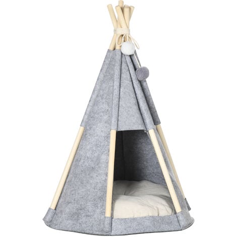 Tente tipi pour animaux - teepee chien chat - coussin épais grand confort inclus - structure bois de pin feutre polyester gris