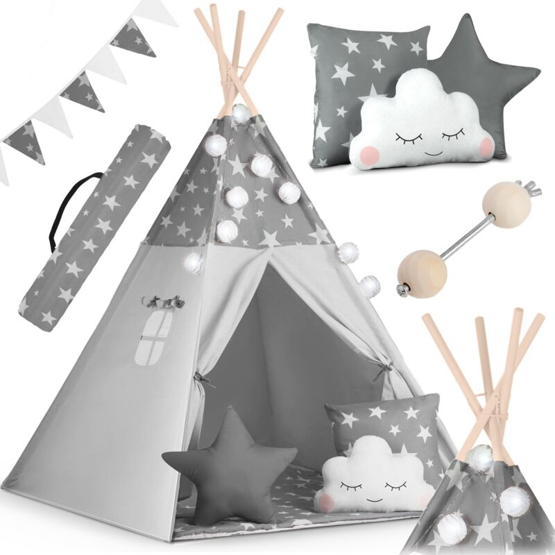 Tente tipi pour enfant avec guirlande et lumières Nukido - gris avec étoiles