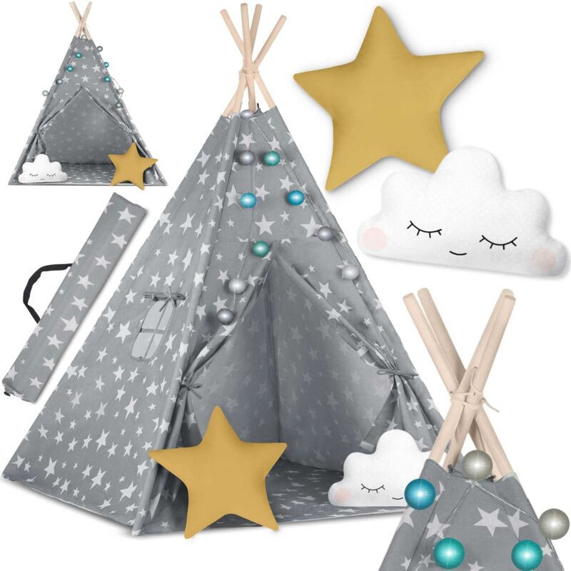 Tente tipi pour enfant avec lumières Nukido - gris avec étoiles