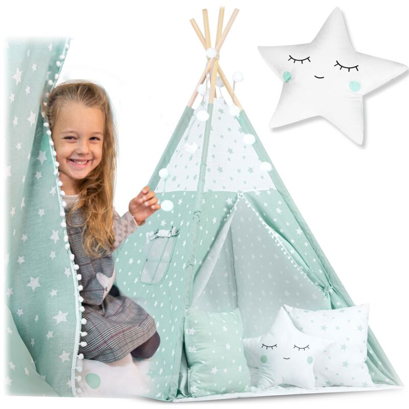 Tente tipi pour enfants avec lumières - menthe avec étoiles