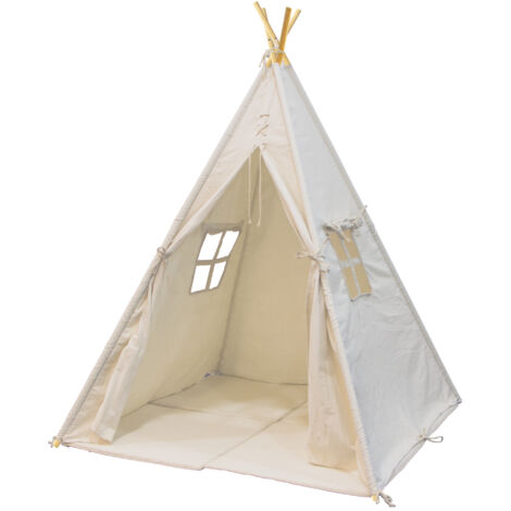 Tente tipi pour enfants en crème 120x120 cm – Toile de coton naturel – Inclus : coussin de sol pliable – Pour intérieur et chambre – Sunny