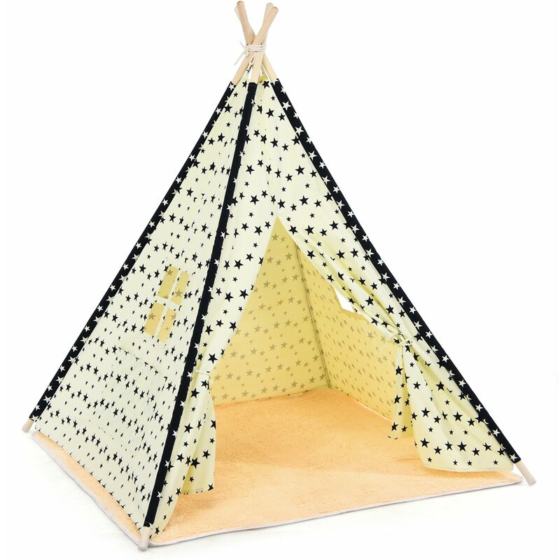 Dcoshop26 - Tente tipi pour enfants en toile de coton avec fenêtre poches latérales tapis de sol et perches en bois 120x120x150 cm - noir