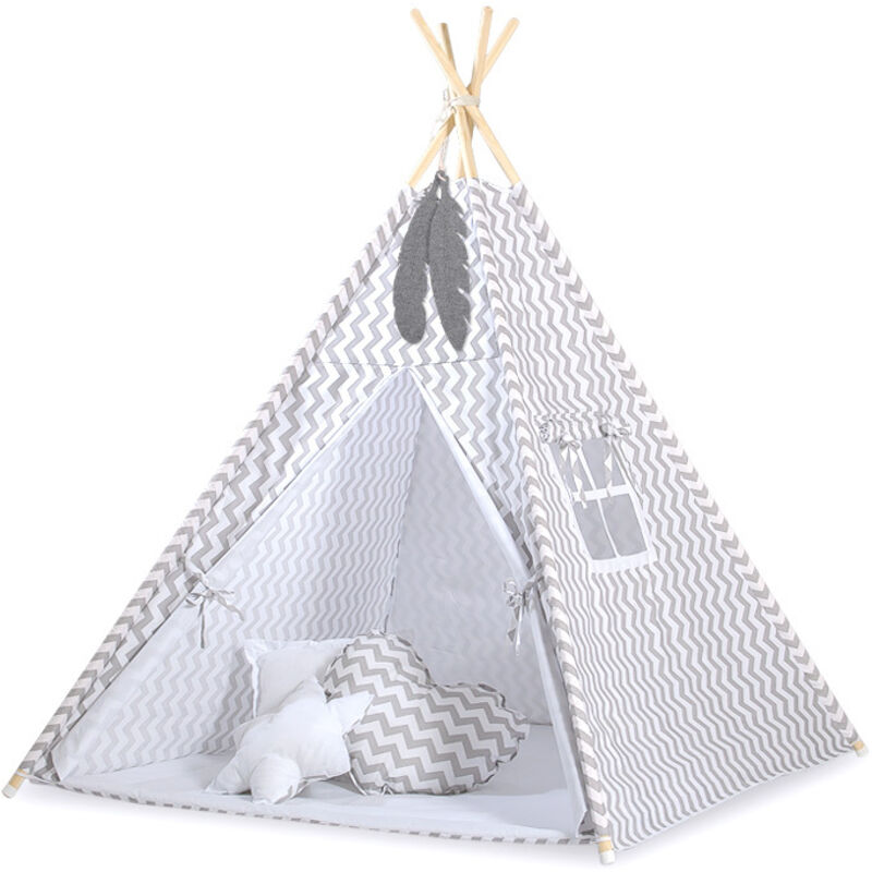 Tente Tipi pour enfants + Suspensions en plumes - Gris chevron