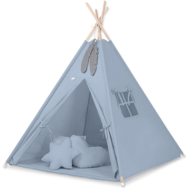 Tente tipi pour enfants + tapis + oreillers + pendentifs en plumes - bleu sale