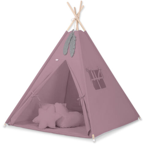 Tente tipi pour enfants + tapis + oreillers + pendentifs en plumes - rose rétro