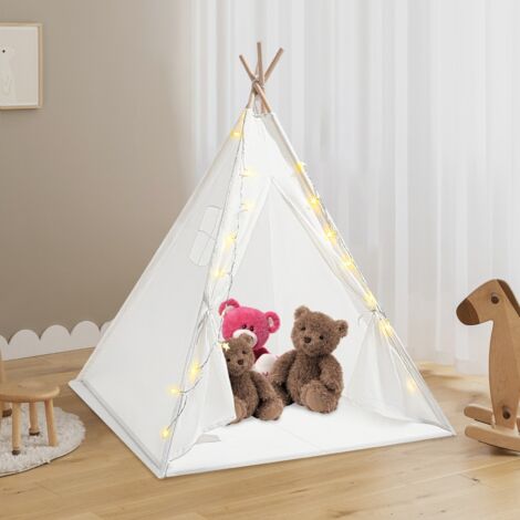 Tente tipi pour enfants – Tente de jeu 100 % coton Blanc avec tapis rembourré et lumières en forme d'étoiles, pliable avec sac de transport, tente de jeu d'intérieur pour filles et garçons
