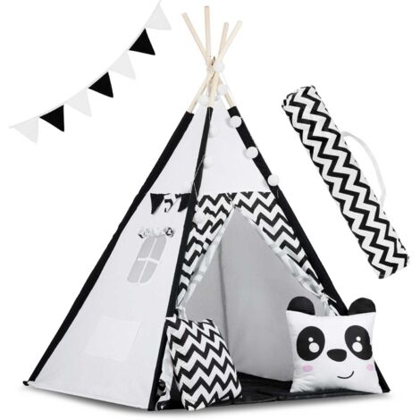 Tente Tipi - Tente de jeu - Noir et blanc - avec coussins et lumières