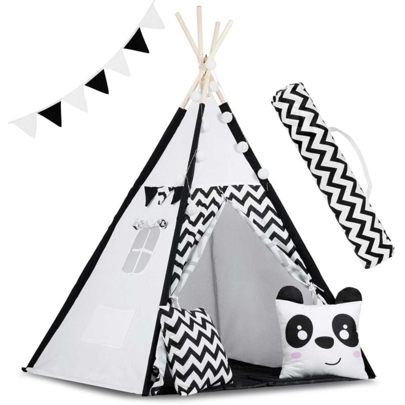 Viking Choice - Tente Tipi - Tente de jeu - Noir et blanc - avec coussins et lumières