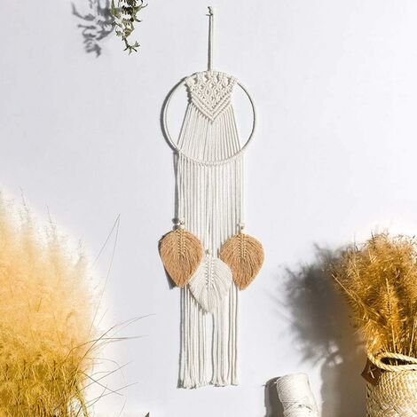 Tenture Murale en macramé Tapisserie tissée à la Main Art Mural Corde en Coton Décor à la Maison pour Salon de Chambre à Coucher avec Crochet en Bois Tapisserie tissée en Coton Naturel