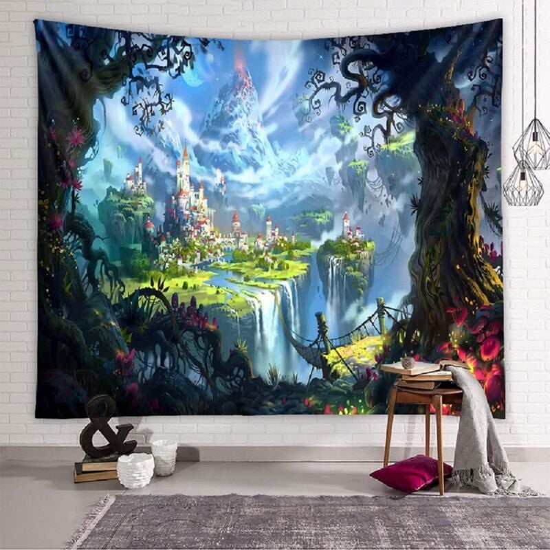 Tenture Murale Forêt Chateau, Tapisserie Psychédélique Fantaisie Tapisseries Murale de Fée, Tapestry Hippie Décoration Tenture Couverture pour