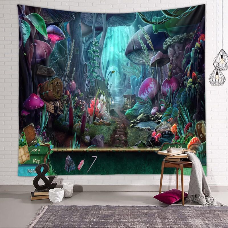 Tenture Murale Forêt Jardin - Tapisserie Hippie Psychédélique avec Plantes et Champignons, Décoration Murale Abstraite pour Salon et Chambre