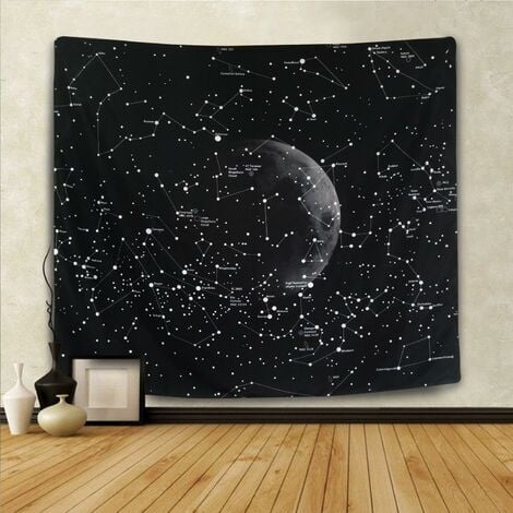 Tenture murale psychédélique en tapisserie noire et blanche avec lune, étoiles et nuages