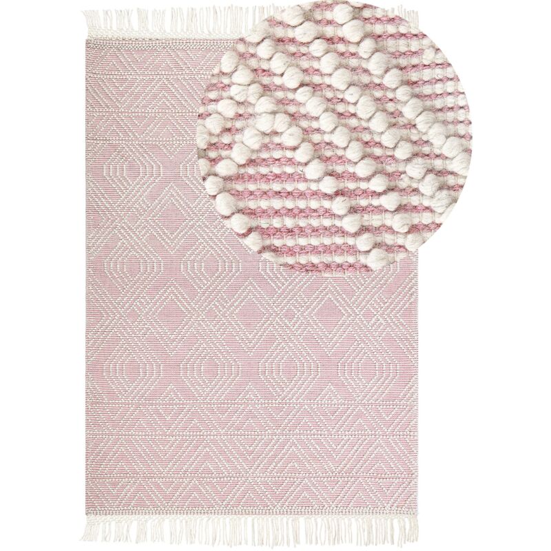 Beliani Teppich Rosa U. Weiß Aus Wolle 160 X 230 Cm Rechteckig Mit Fransen Im Boho Stil Geometrisches Muster Für Wohnzimmer Schlafzimmer Kinderzimmer