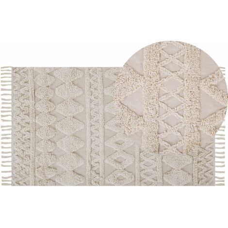 Teppich Baumwolle beige geometrisches Muster Fransen 80 x 150 cm Skandi Didim - Beige