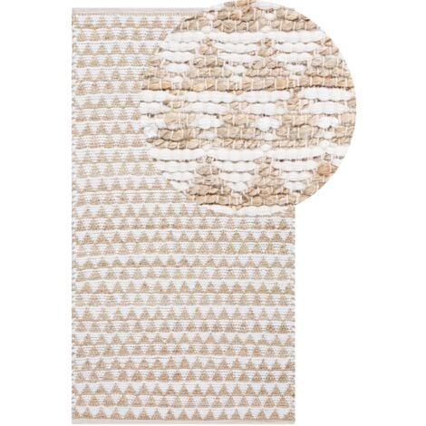 Teppich Beige Jute Baumwolle 80 x 150 cm Kurzflor Dreiecke Handgewebt Rechteckig