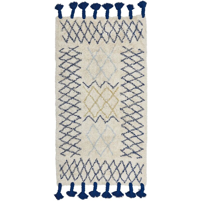 Beliani Teppich Beige Und Blau Baumwolle Rechteckig 80 X 150 Cm Geometrisches Muster Fransen Handgetuftet Boho Kurzhaar Fußbodenheizung Geeignet Läufer
