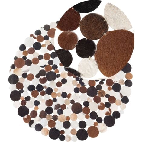 Teppich Braun Beige Schwarz Echtleder ø 140 cm Kurzflor Kreise Handgefertigt Rund