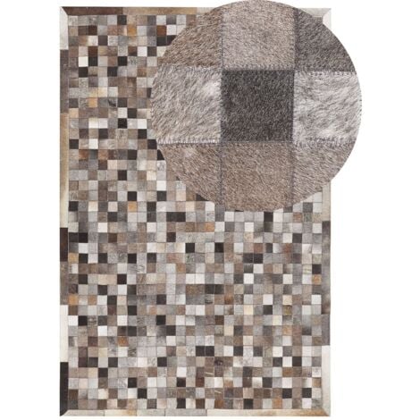 Teppich Braun/Grau Kuhfell 160 x 230 cm Patchwork rechteckig Lederteppich für Wohnzimmer Schlafzimmer Flur Salon Esszimmer Deko Indoor