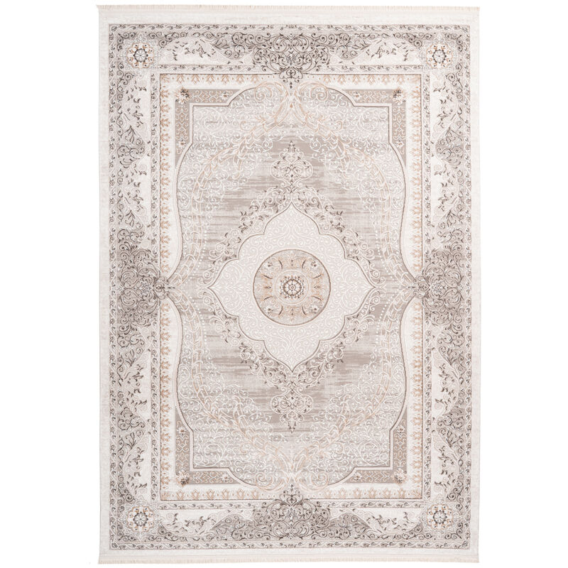 Teppich Klassisch Orientalisch Fransen Medaillon Taupe Creme Beige 200x300cm H74oh 200 300