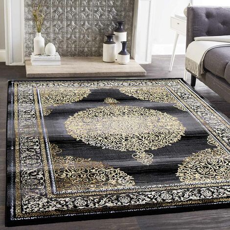 VIMODA Teppich kurzflor Moderner Orientteppich Elegant Orientalisch Glanz Grau Gold Schwarz, für Wohnzimmer, Schlafzimmer,80x150 cm