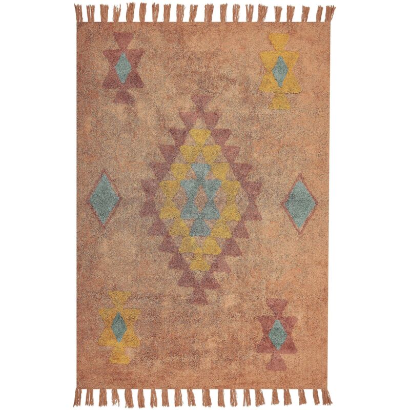 Beliani Teppich Orange Baumwolle 140 X 200 Cm Rechteckig Geometrisches Muster Mit Fransen Boho Stil Handgetuftet Für Wohnzimmer Schlafzimmer Flur