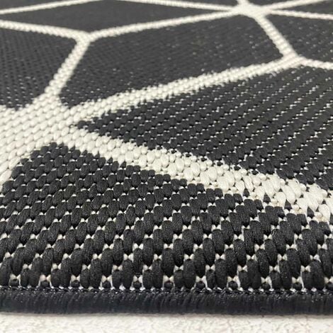 Teppich Rauten Muster In- und Outdoor Tauglich Robuster Flachgewebe 100% Polypropylen Schwarz,80x150 cm