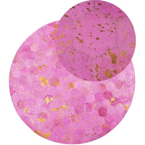 Teppich Rosa Gold Echtleder ø 140 cm Kurzflor Modern Handgewebt Rund
