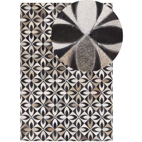Teppich Schwarz/Grau Kuhfell rechteckig 140x200 cm Patchwork kariertes Muster Lederteppich für Wohnzimmer Schlafzimmer Flur Salon Esszimmer