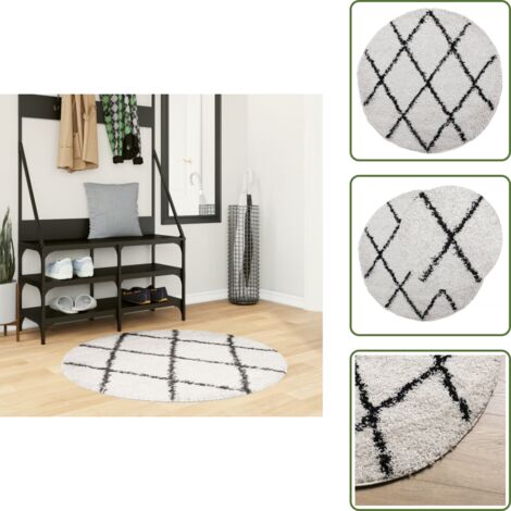 Teppich Shaggy Hochflor Modern Creme und Schwarz Ø 100 cm - Shaggy-Teppich - Hochflor-Teppich - Cremefarbener Teppich - Schwarzer Teppich - Wohnzimmerteppich