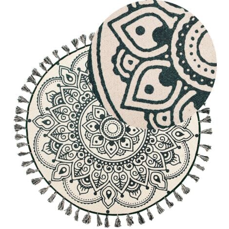 Teppich Weiß Grün Baumwolle ø 120 cm Kurzflor Mandala Muster Handgewebt Rund