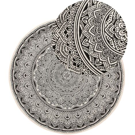 Teppich Weiß Schwarz Baumwolle ø 120 cm Kurzflor Mandala Muster Handgewebt Rund
