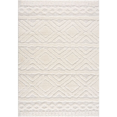 Teppich Wohnzimmer - Boho - Pastellfarben - Hochflor - Flauschig - Rauten Muster