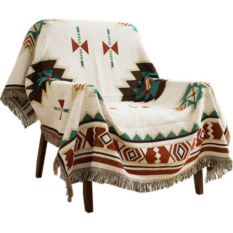 Teppichdecke, böhmischer Stammes-Teppich mit geometrischem Muster und Quasten, geeignet für Sofa/Bett/im Freien (Größe: 130 x 160 cm / 51,1 x 62,9 Zoll)