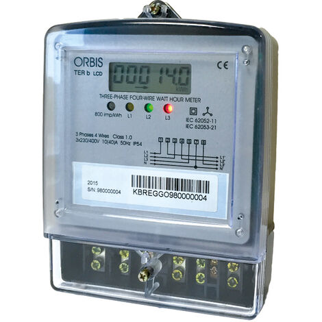 TER b LCD Contatore trifase energia attiva, da parete, 60A, inserzione diretta, display digitale, lampeggio LED 1.25Wh/imp