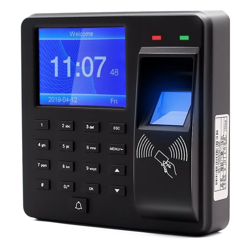 Terminal de pointage, vérification par empreinte digitale/mot de passe/carte/ticket RFID 125 kHz, écran 2,4', jusqu'à 1 000 employés en mémoire, USB,