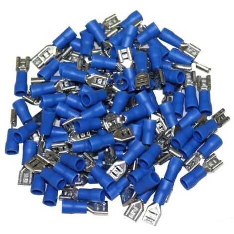 Terminale elettrico femmina a crimpare parzialmente isolato, blu, da 6,3 mm – Sezione trasversale da 1,5 a 2,5 mm² – Confezione da 100 terminali per connessioni affidabili