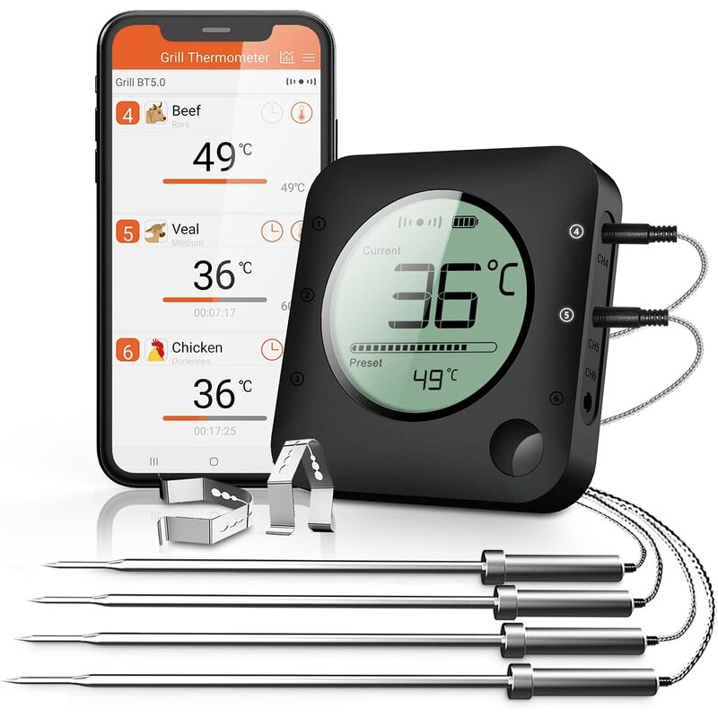 

Termómetro para parrilla, termómetro para parrilla Bluetooth, digital inalámbrico con 2 sensores Termómetro para carne Termómetro para parrilla 2
