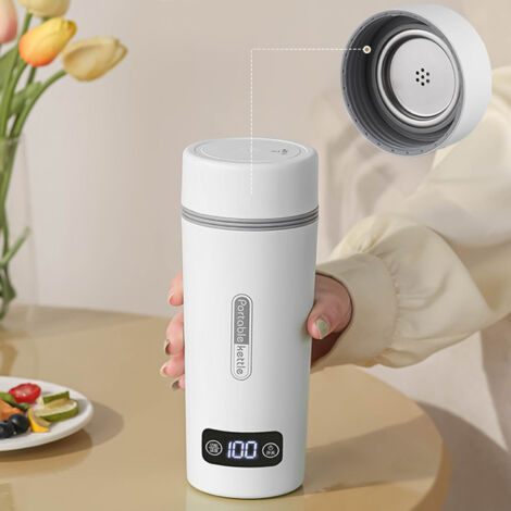 Termo eléctrico para coche – [Marca] – Modelo de viaje – Antifugas, 4 ajustes de temperatura (45 °C/60 °C/80 °C/100 °C), 350 ml, Blanco, 12 V, Acero inoxidable, Portátil para vehículos pequeños