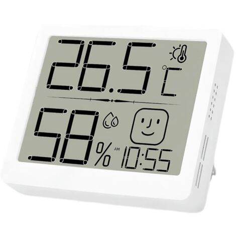 Termohigrómetro digital de interior con alarma, termómetro, indicador de humedad, pantalla emoji, registro de valores máximos/mínimos y montaje en pared.