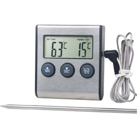 Termómetro digital de cocina AIPERQ con pantalla LCD grande y sonda larga para parrilla, horno, cocción de carne, alarma de temperatura y temporizador.