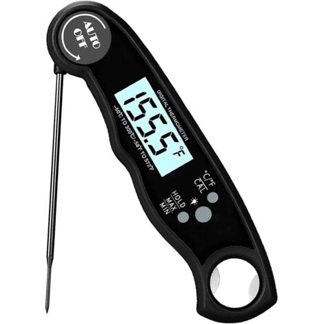 Termómetro digital de lectura instantánea a prueba de agua para carnes y alimentos con sonda plegable y función de calibración de luz de fondo para cocinar y asar (negro)
